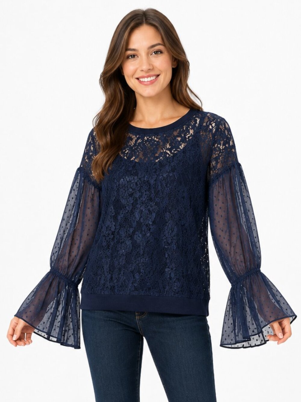 Free People Navy Lace Bell Sleeve Top Women’s XS